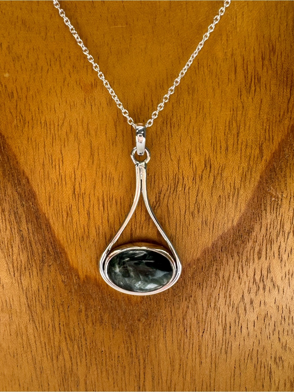 Sterling Silver Green Seraphinite Pendant & Earring Oval Necklace Heart chakra - Picture 3 of 16